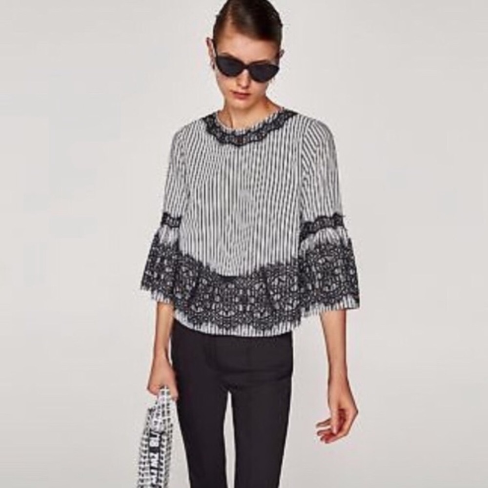 Zara Striped Lace Bell Sleeve Blouse Black White Boho Top Medium Like New